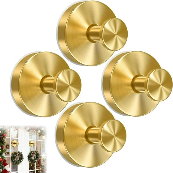 4 Pack Door Garland Hanger, Wreath Hangers for Front Door, New No Drill Suction Cup Hooks for Door Wreaths, Reusable Holder for Glass Window, Door, Fall, Halloween, Christmas, Welcome Sign(Gold)
