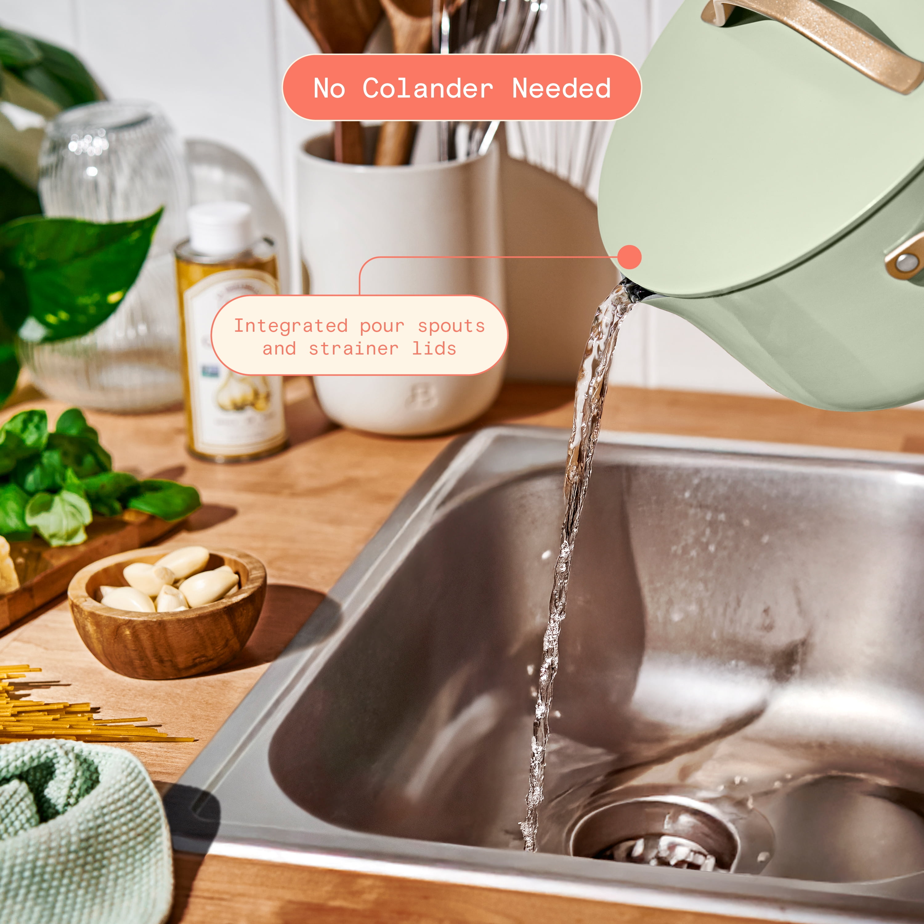 Beautiful 12-Piece Ceramic Nonstick Cookware Set, Pots and Pans with Strainer Lids, Sage Green by Drew Barrymore
