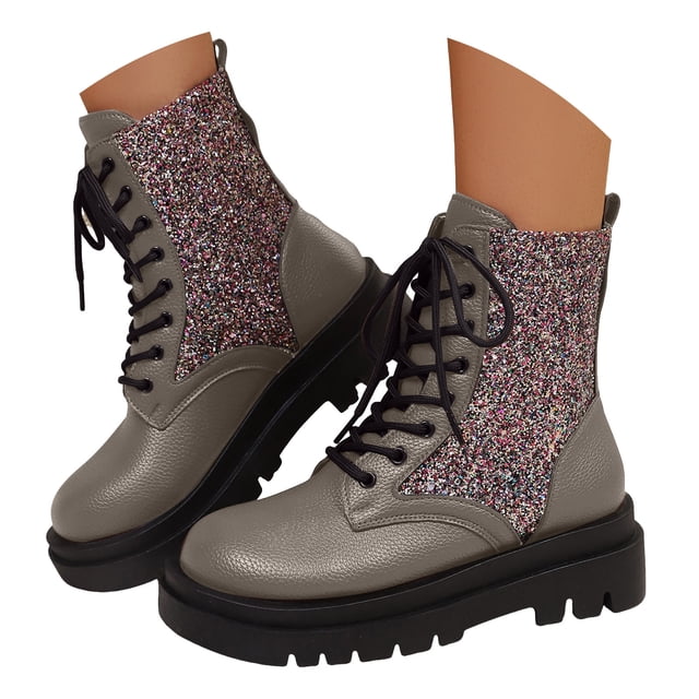 Pandaie Rhinestone Combat Boots Women Military Motorcycle Riding Booties Platform Lace up Chunky Heel Ankle Boots Grey 9