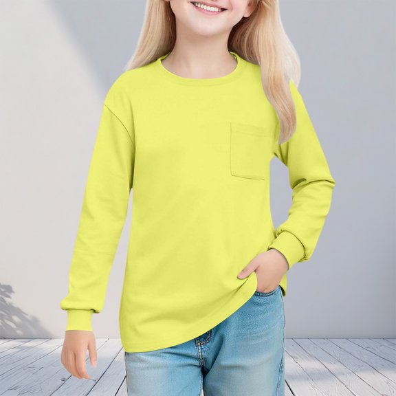 BaoFuBaoMei Basic Tee Shirt Girls Solid Color Long Sleeve Tops Slim Crew Neck Fall Clothes for School Daily Wear Outdoor