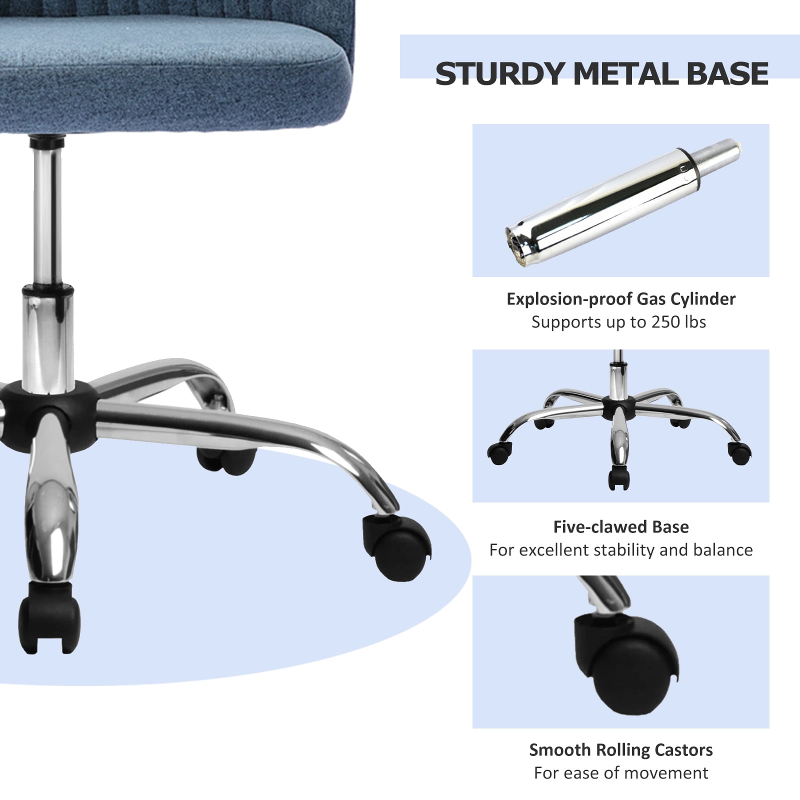 Home Office Chair, Mid Back Armless Fabric Upholstered Desk Chair with Wheels Adjustable Swivel Vanity Chair for Bedroom,Living Room, Blue