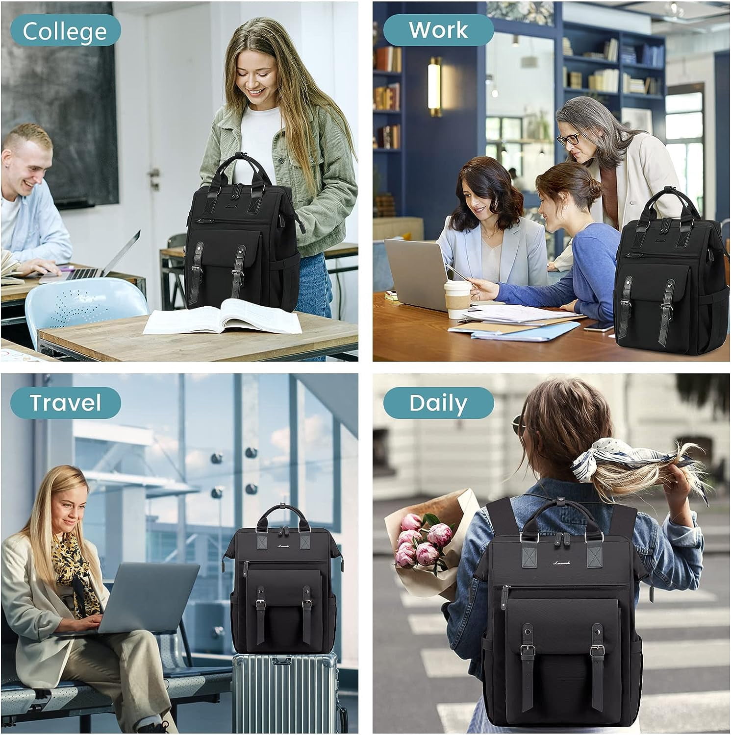 Lovevook Laptop Backpack for Women 15.6",Cute Work Travel Commuter Daypack,Nurse Doctor Teacher Backpack Purses College Computer Bookbag-Black