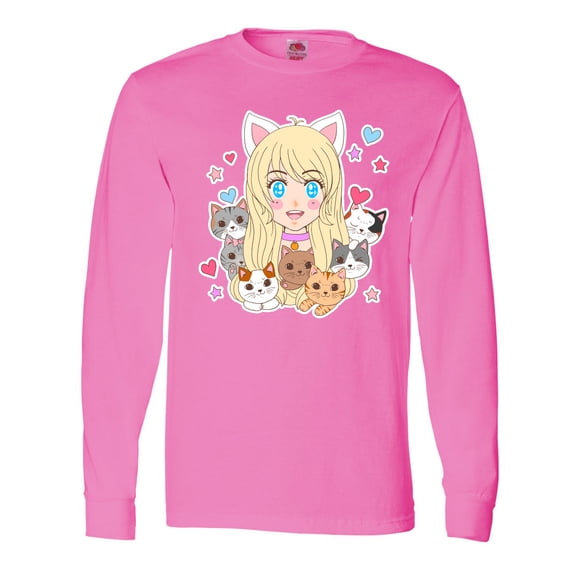 Inktastic Neko Anime Girl with Kittens Long Sleeve T-Shirt