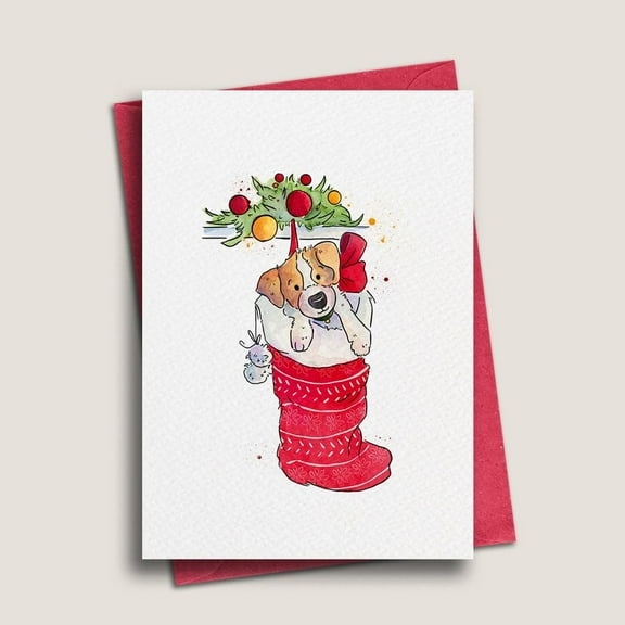 Cute Puppy in Stocking Christmas Card – Holiday Greeting Card with Red Envelope – Blank Inside for Personal Messages – Perfect for Pet Lovers and Seasonal Greetings