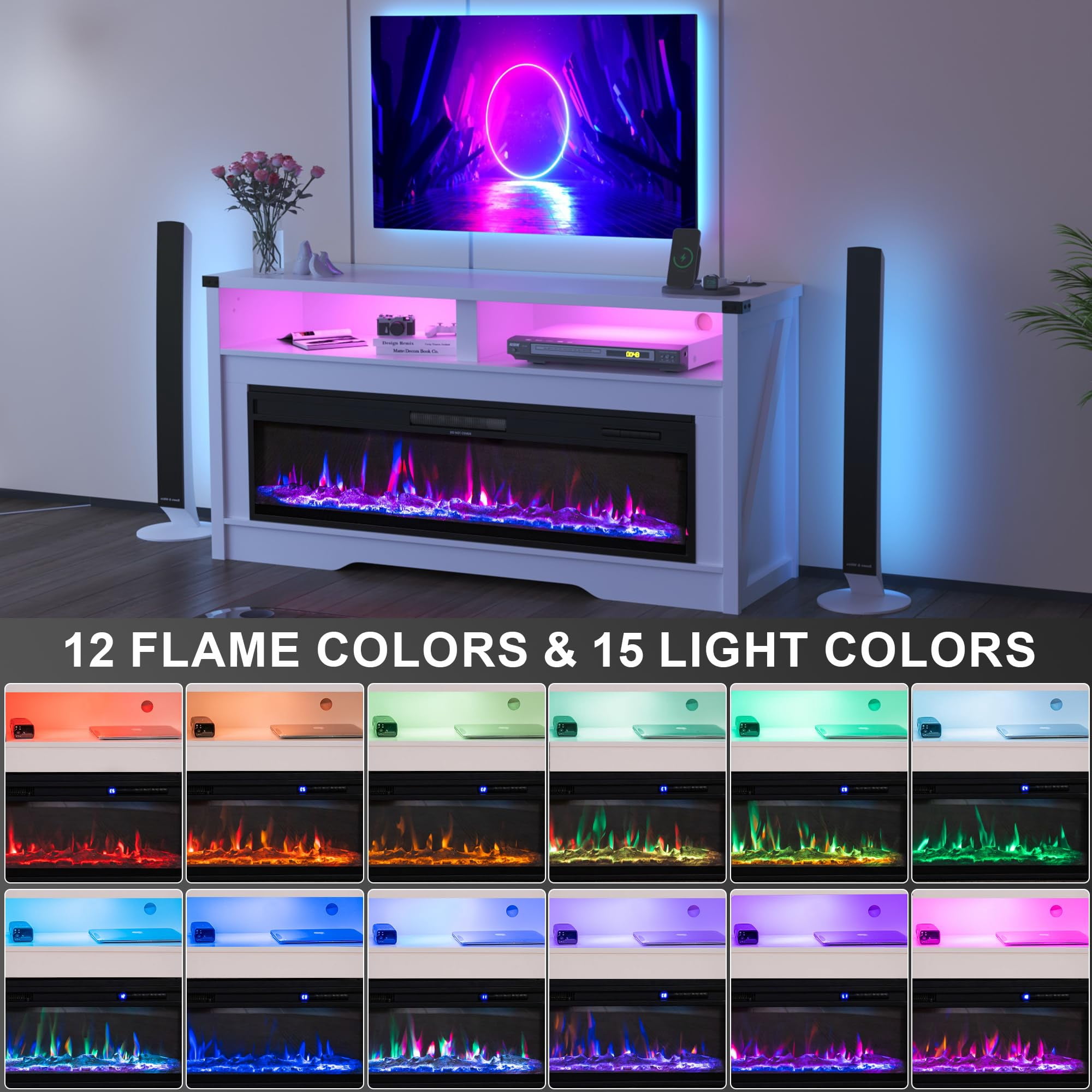 Fireplace TV Stand, Wood Texture 50" Electric Fireplace with Highlight Storage Cabinet, LED Light Entertainment Center, for TVs Up to 65"(White)