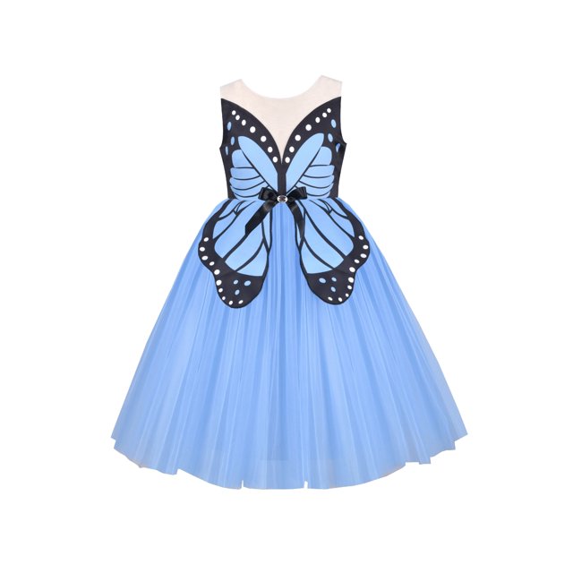 Girls Dress Blue Butterfly Embroidery Tulle Party Sleeveless Backless 7 Years