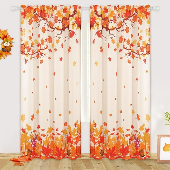 Rideaux d'Automne pour Salon - Ensemble de 2 Panneaux Feuilles d'Érable de L'Action de Grâce, Longueur 84 Pouces, Traitements de Fenêtre à Poche pour Tringle Filtrant la Lumière pour Chambre Salle à Manger, 52 Pouces L x 84 Pouces H