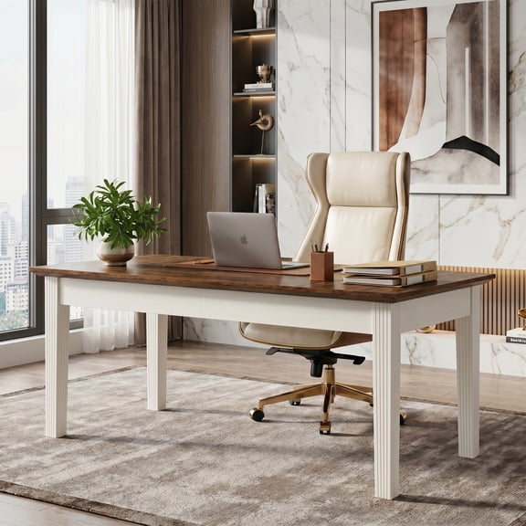Finmind 62 Inch Large Home Office Computer Desk, Modern Executive Workstation Desk with Solid Wood Legs, Spacious Writing Study Table for Bedroom Office, Brown & White