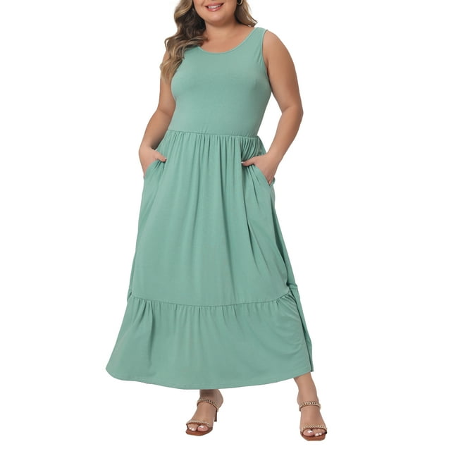 Vestido midi de talla grande Agnes Orinda para mujeres, vestido maxi sin mangas de verano, vestido casual con volantes y bolsillos, verde menta 2X