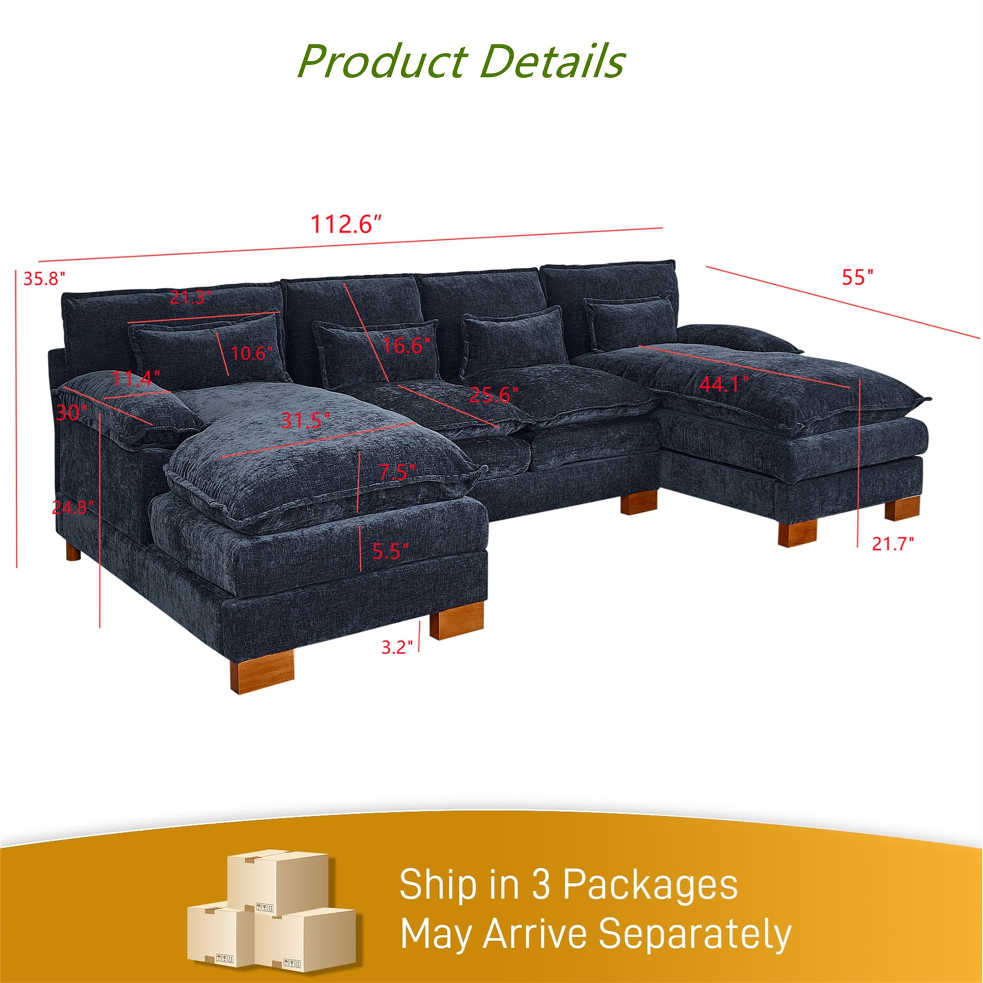 Aukfa 113" Sectional Sofa Couch with 4 Lumbar Pillows&Dual Layer Cushions, Chenille, Blue