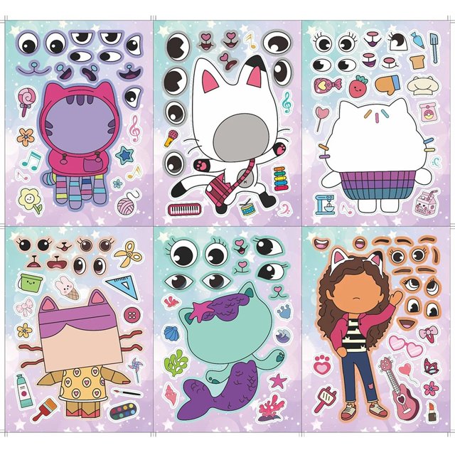 6/12 feuilles Gabby's Dollhouse faire un visage Puzzle autocollants enfants faire votre propre jeu de bricolage enfants dessin animé Puzzle éducation jouets cadeau