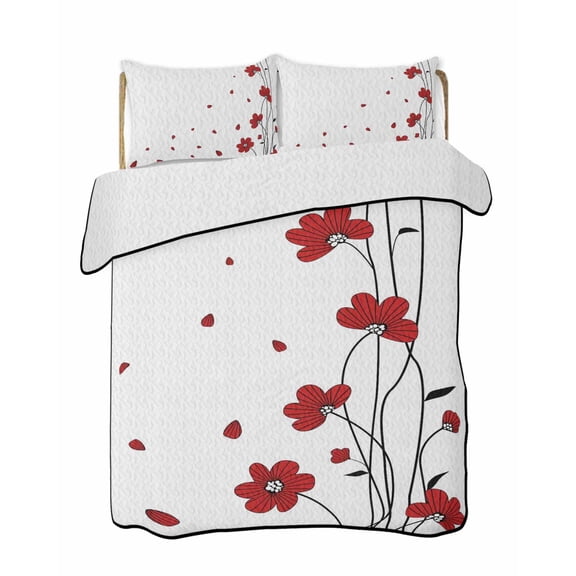 Quilts Twin Size Bedding Set, Red Poppy Flowers Lightweight Quilted Comforter, Spring Modern Abstract Floral Rustic Soft Reversible Bedspread Coverlet with Pillow Covers for All Season, 68" x 86"