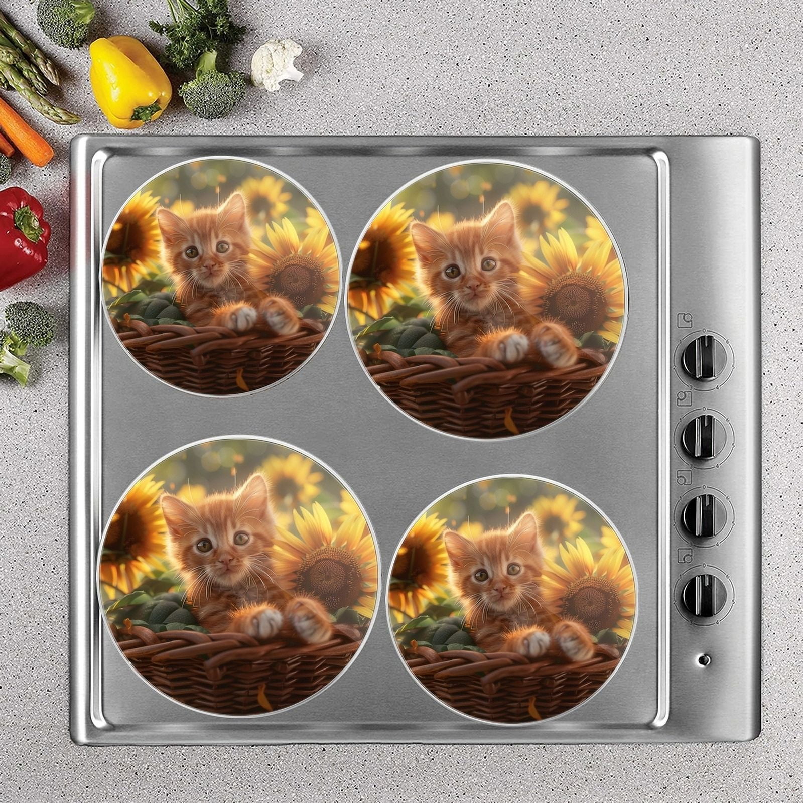 Bahomeck Electric Stove Burner Covers Set Of 4,Cute Ginger Kitten Sits In Basket Among SunflowersMetal Gas Stove Burner Covers,Protecting Gas Stoves,8 Inch And 10 Inch