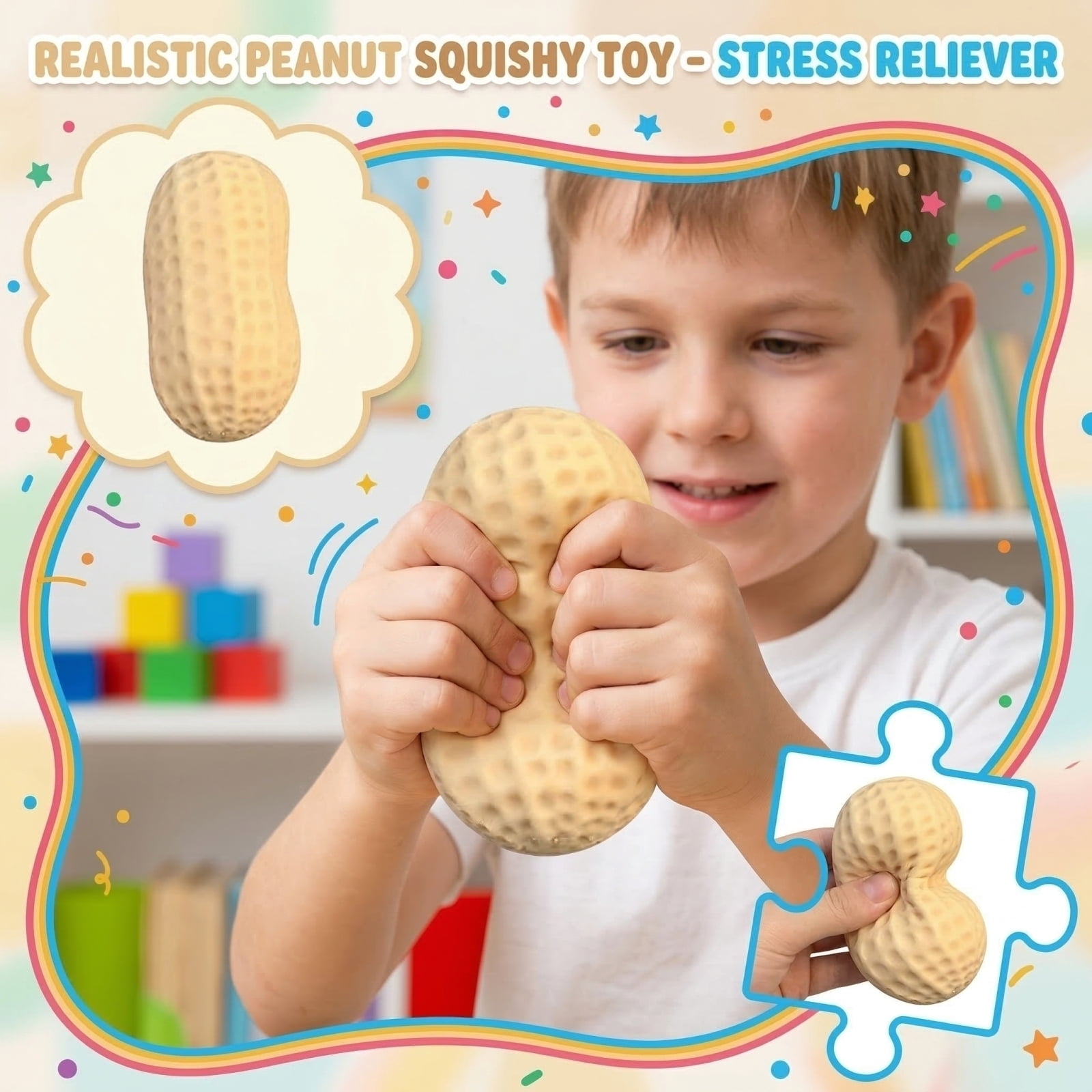 Realistic Peanut Squishy Stress Reliever, Flour Filled Decompression Ball, Soft Sensory Squeeze Pal for Anxiety Relief