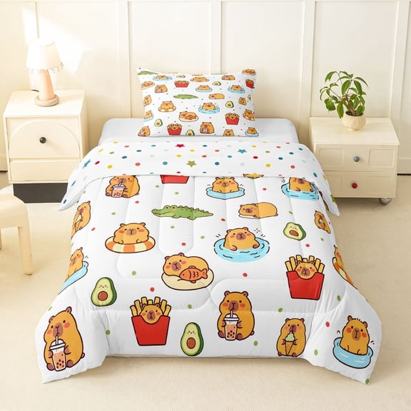 Manfei Cute Capybara Twin Comforter Sets,Kawaii Snack Print Bedding Set,White,Polkadot Reversible,2pcs,1 Comforter and 1 Pillowcase