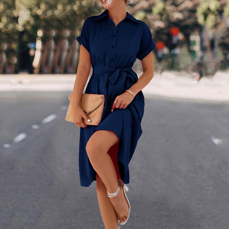 VSSSJ Womens Casual Midi Dresses Solid Color V Neck Short Sleeve Button Front  Shirt Dress for Spring Summer Lace Up High Waisted Elegant Long Dress -  Walmart.com