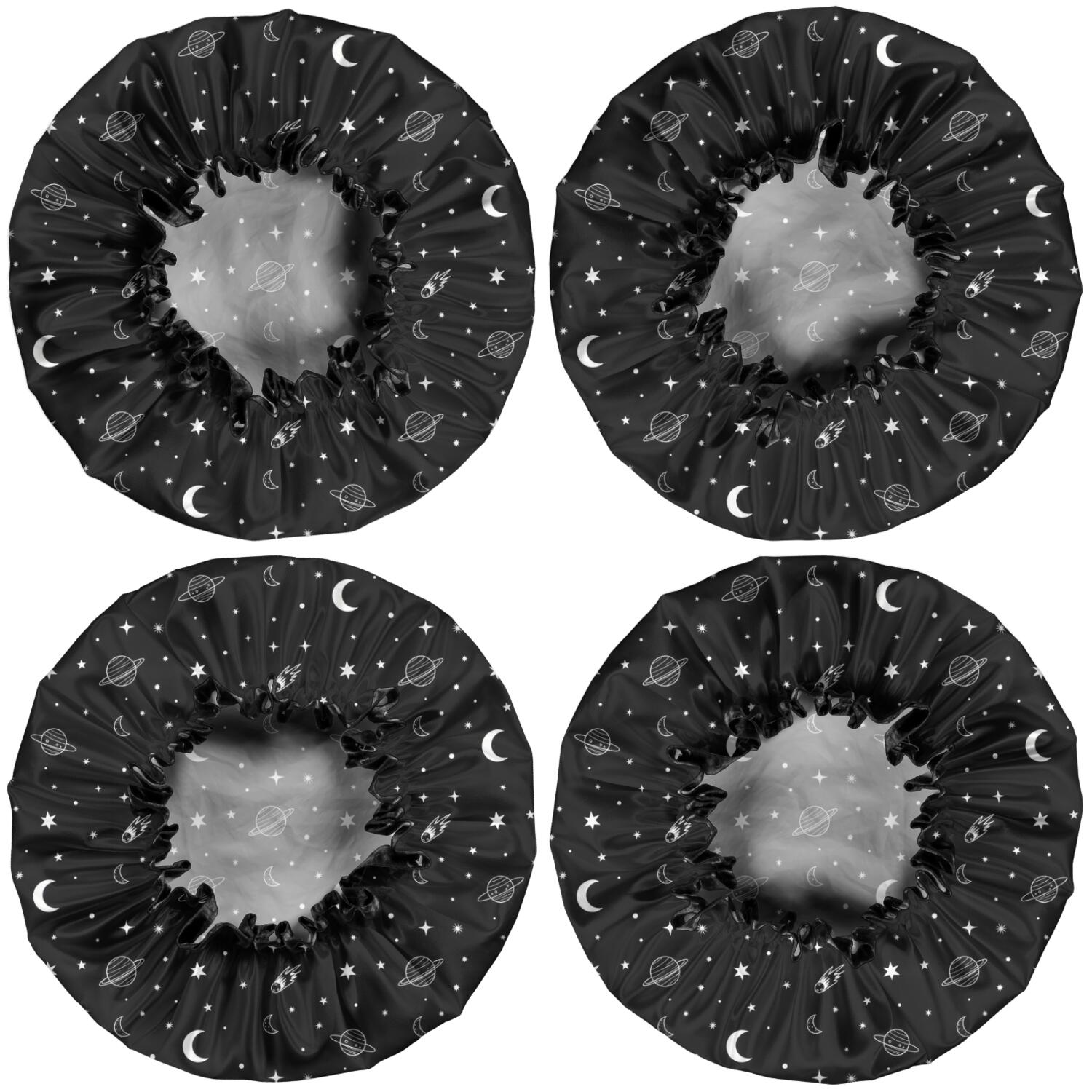Shower Caps,Black White Star Moon Planet Comet Pattern Waterproof Shower Cap for Women 4 Pieces,Double Reusable Hair Cover for Shower PEVA Elastic Stretch Hem