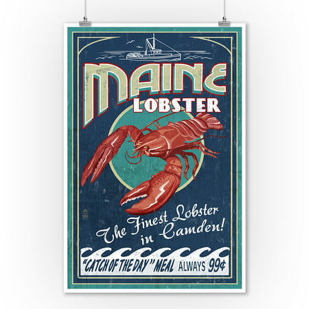 Camden, Maine - Lobster Vintage Sign - Lantern Press Artwork (9x12 Art Print, Wall Decor Travel