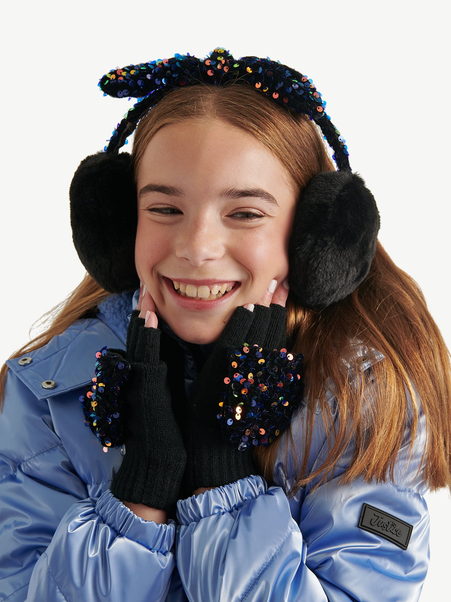 Justice Girls Velvet Sequin Bow Faux Fur Earmuff and Flip Top Glove Set, Black