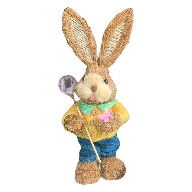 Yirtree Hand Woven Artificial Straw Bunny Rustic Realistic Photography Prop  Multiple Styles Desktop Ornament Standing Rabbit Figure for Garden