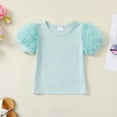 thumbnail image 4 of Kucnuzki 3T Toddler Girl Summer Outfits Shorts Sets 4T Short Mesh Puff Sleeve Pure Color Casuak Tee Top Elastic Denim Shorts 2PCS Set Green, 4 of 9
