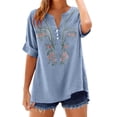 thumbnail image 3 of Craaazy Women's Embroidered Cotton Linen Blouse, V-Neck Short Sleeve Henley Top for Summer Beach Vacation, Casual Everyday Wear Gifts, 3 of 7