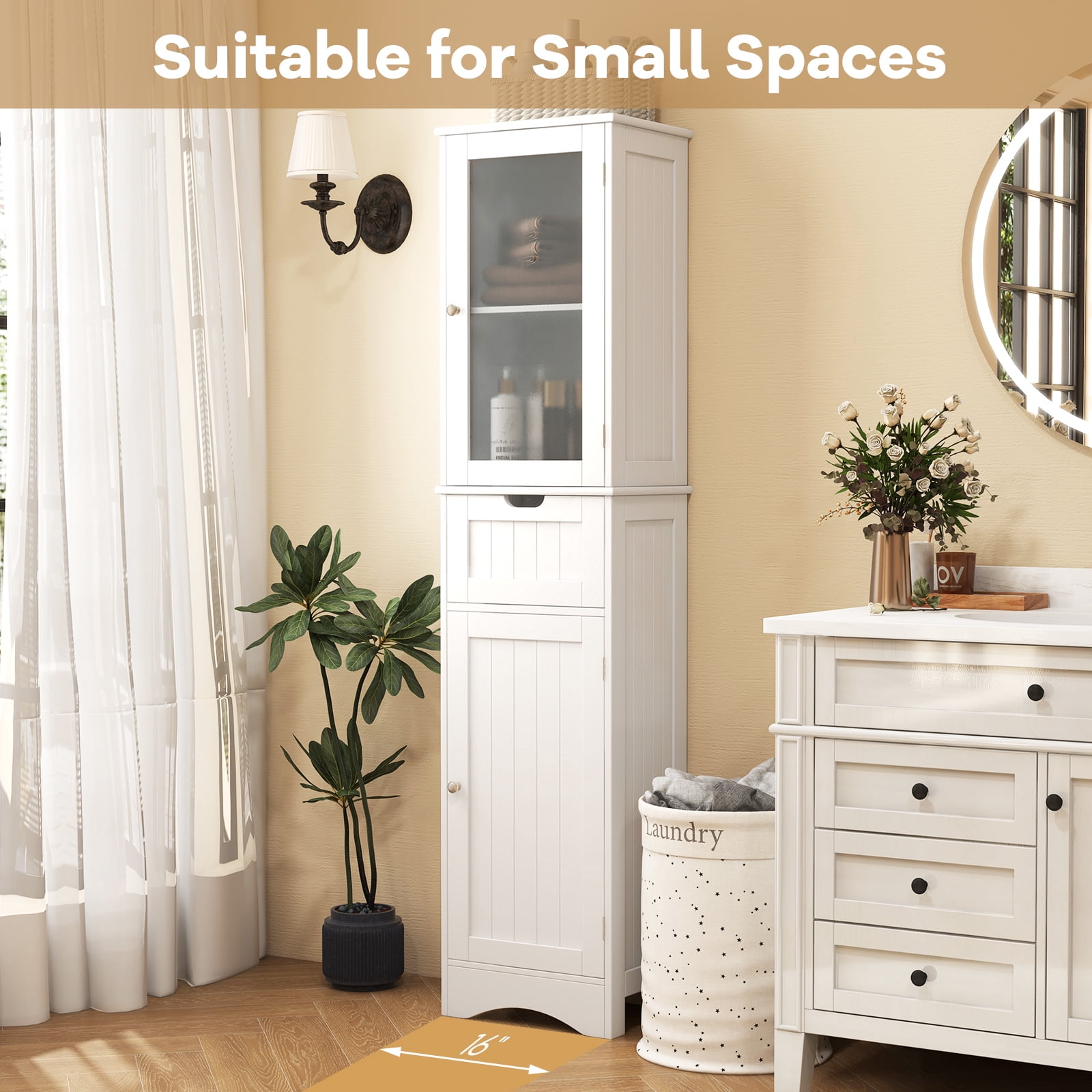 Giantex Tall Bathroom Storage Cabinet, Narrow Slim Linen Tower, Freestanding Floor Cabinet, White
