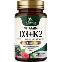 Vitamin D3 K2 Supplement | 5000 IU D3 K2 100 mcg | MK-7 K2 with Vitamin D | Supports Immune, Heart, Teeth & Bone Health - Nature's Easy to Chew, VIT D3 K2, Non-GMO, Tasty Berry Flavor - 120 Tablets