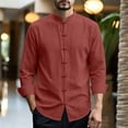 thumbnail image 2 of UVEASISHA Mens Cotton Linen Shirts Roll Up Long Sleeve Stand Collar Beach Shirt Lightweight Casual Chinese Frog Button Work Shirts Solid Color Collarless Tops Wine S, 2 of 10