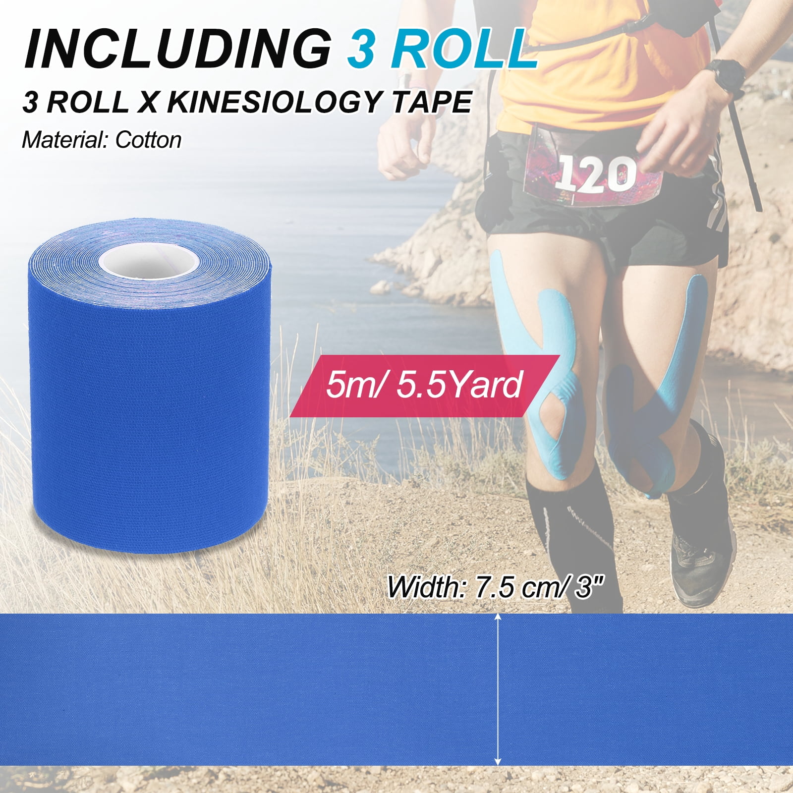 Uxcell 5.5 Yard x 3 Inch Kinesiology Tape, Adhesive Cotton Sports Muscle Support Tapes Waterproof Elastic Tape Dark Blue 3 Roll