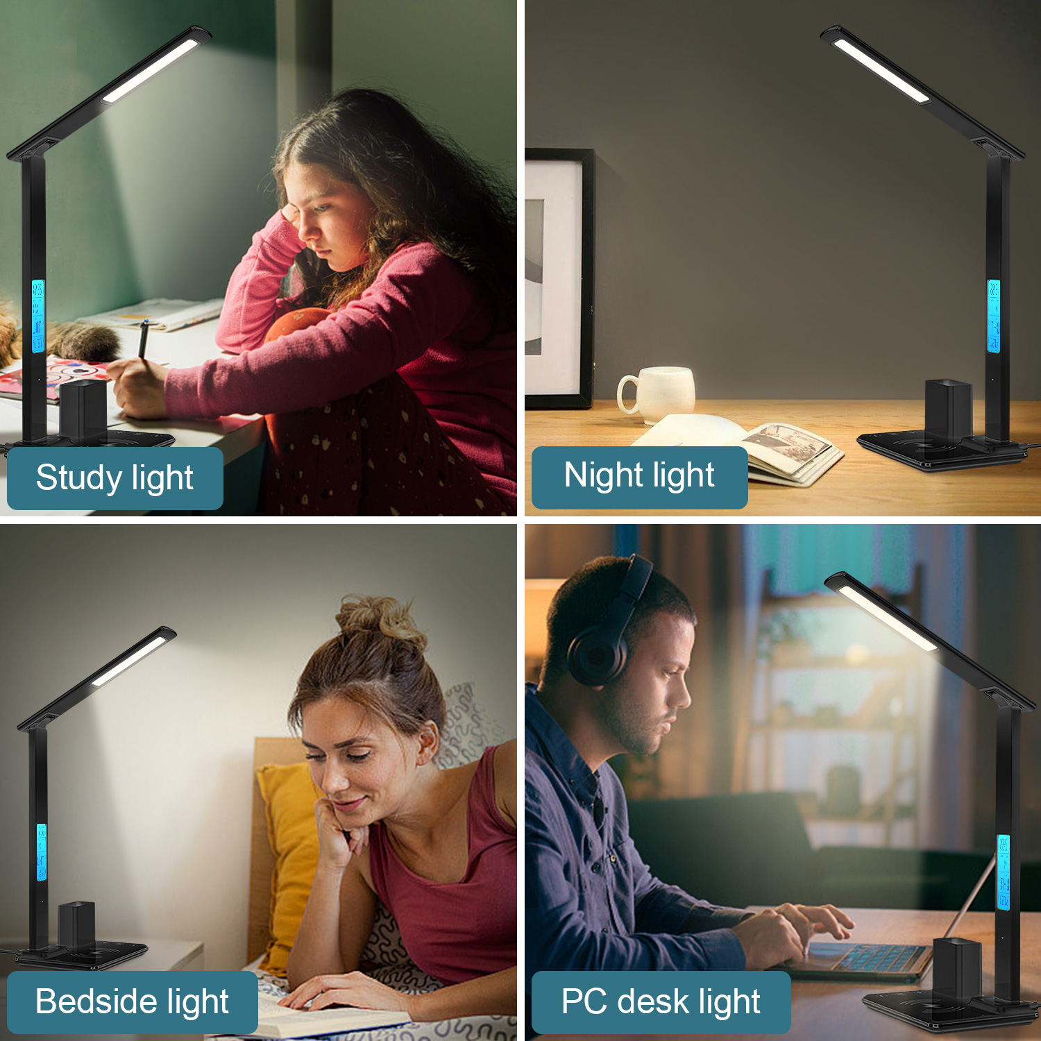 Desk Lamp, LED Desk Lamps for Home Office, Wireless Charger Touch Table Lamp with Pen Holder, Dimmable Office Desk Light with Clock, Alarm, Date, Temp, Foldable Lamp for Table Bedroom Office, Black