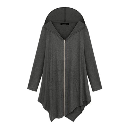 Hooded Asymmetric Hem Zipper Plain Outerwear