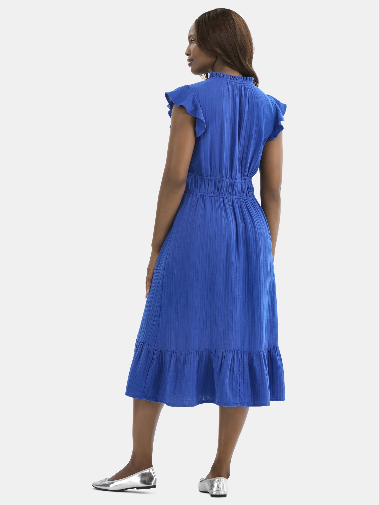 relaxed ruffle midi dress reviews ME+EM Cheesecloth Relaxed Ruffle Midi Dress in Blue