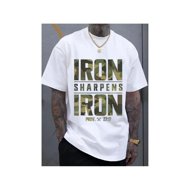 Camiseta gráfica extragrande CMBT para hombre, 100 % algodón, con diseño "El hierro se afila con el hierro" y versículo bíblico de Proverbios 27:17. Estampado geométrico, estilo urbano, transpirable,