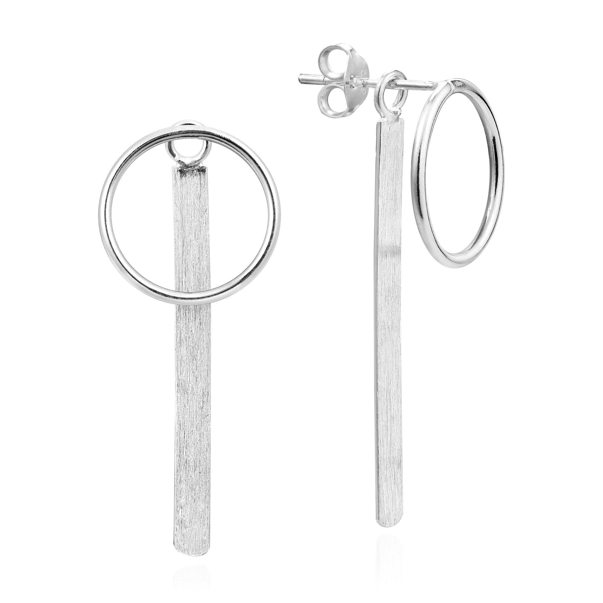 Contemporary 2 in 1 Circle and Bar Front Back Sterling Silver Drop Earrings
