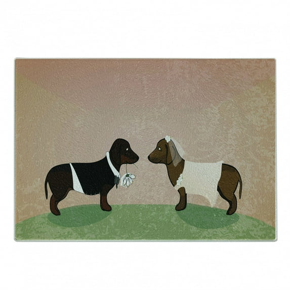 Dachshund Cutting Board, Groom and Bride Dogs Marriage Themed Ceremonial Illustration Cartoon Style, Decorative Tempered Glass Cutting and Serving Board, Small Size, Multicolor, by Ambesonne