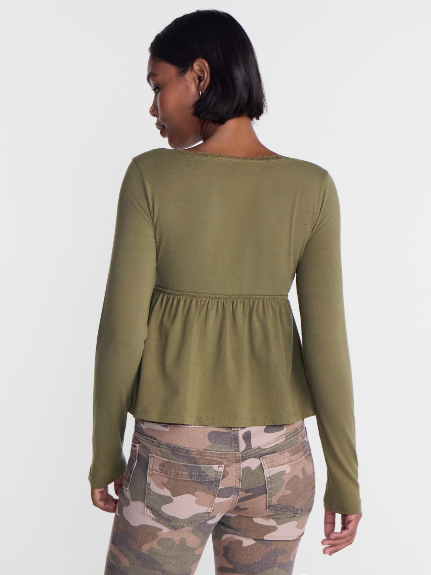 No Boundaries Babydoll Top with Long Sleeves, Women’s XXS-XXL