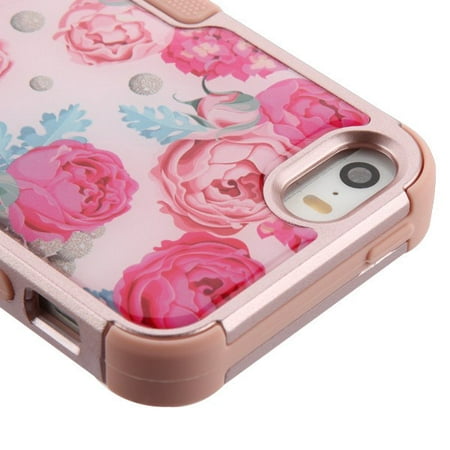 Kaleidio Case For Apple iPhone 5S / 5 / iPhone SE [TUFF Krystal] Dual Layer Armor [Shockproof] Impact Hybrid Cover w/ Overbrawn Prying Tool [Rose Flower