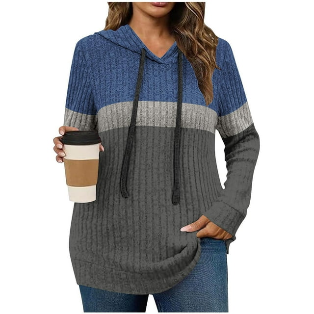 biudgviw Hoodies for Women Ribbed Knit Drawstring Long Sleeve Tops Casual Soft Color Block Pullover Sweaters for Fall Winter