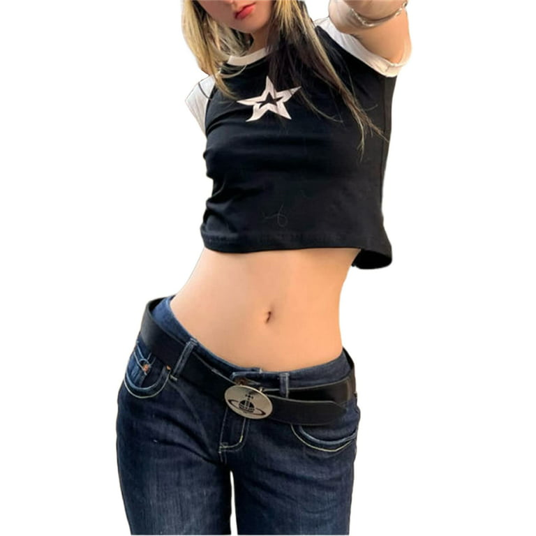 Fairy Grunge Y2k Shirts Vintage Star Print Aesthetic Crop Tops Short Sleeve  90s E Girls Slim Fit Summer Tees