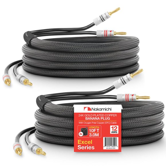 Nakamichi Excel Series Prise Banane Plaquée Or 24k avec Câble de Haut-Parleur (10 Pieds) 99.9 % Cuivre Sans Oxygène (OFC) Tressé Intégral Robuste CL2 - Noir (12A)