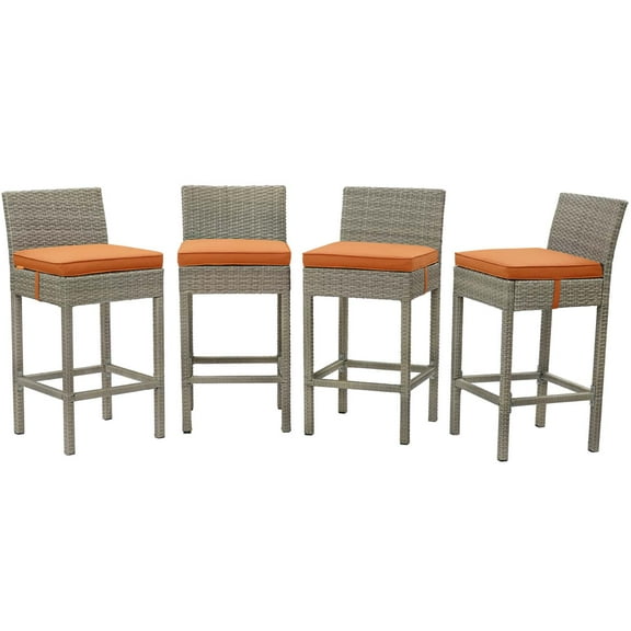 Contemporary Modern Urban Designer Outdoor Patio Balcony Garden Furniture Bar Side Stool Chair, Set of Four, Fabric Rattan Wicker, Orange