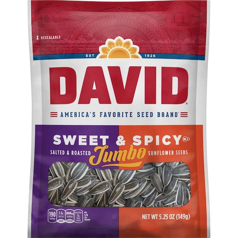 David Roasted and Salted Sweet and Spicy Jumbo Sunflower Seeds, 5.25 Ounce -- 12 per Case.