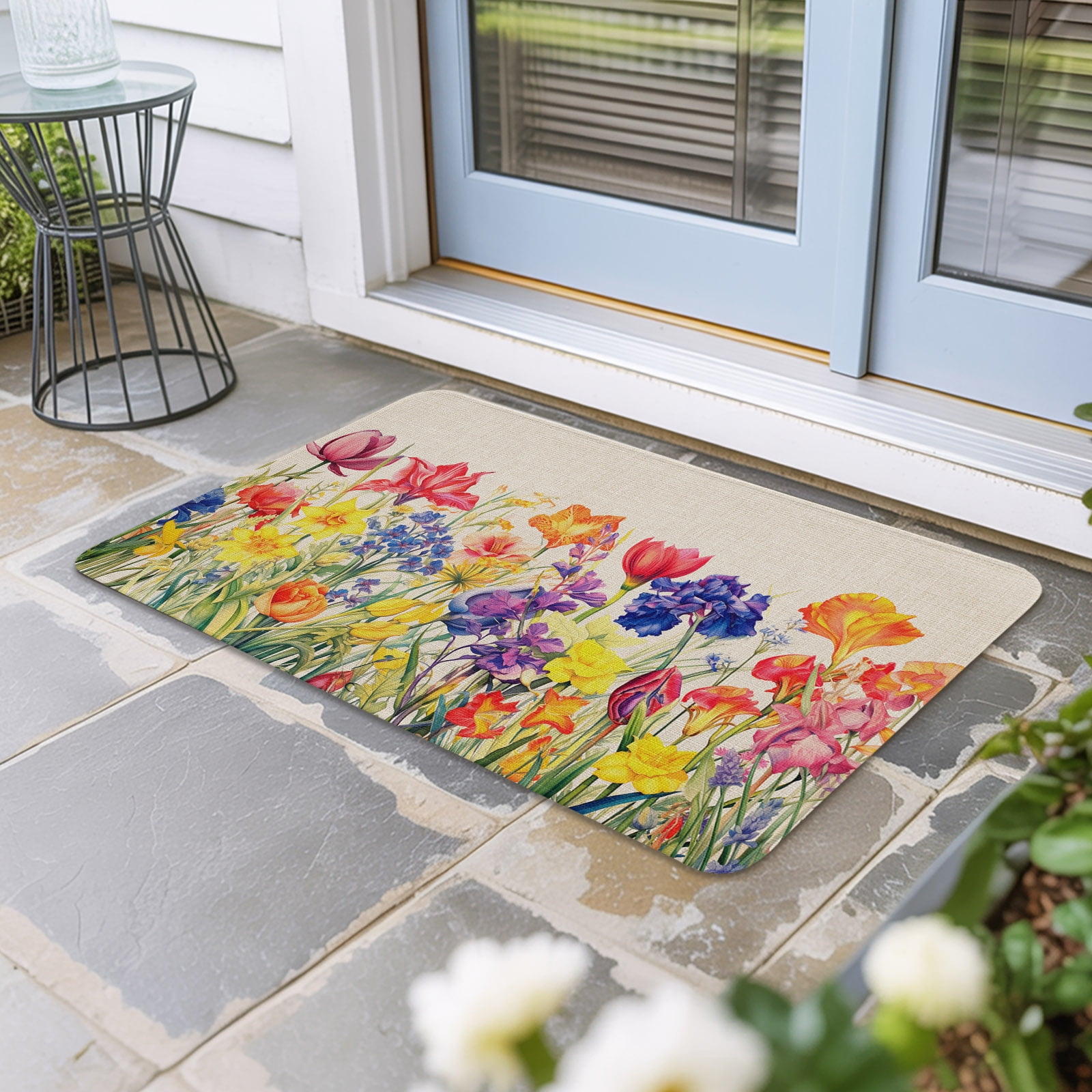 Colorful Tulip Door Mat Indoor Outdoor Spring Floral Watercolor Botanical Rustic Non Slip Welcome Mat with Rubber Backing Absorbent Fabric Front Door Mats Entryway Rug for Home Patio Entrance 16 x24