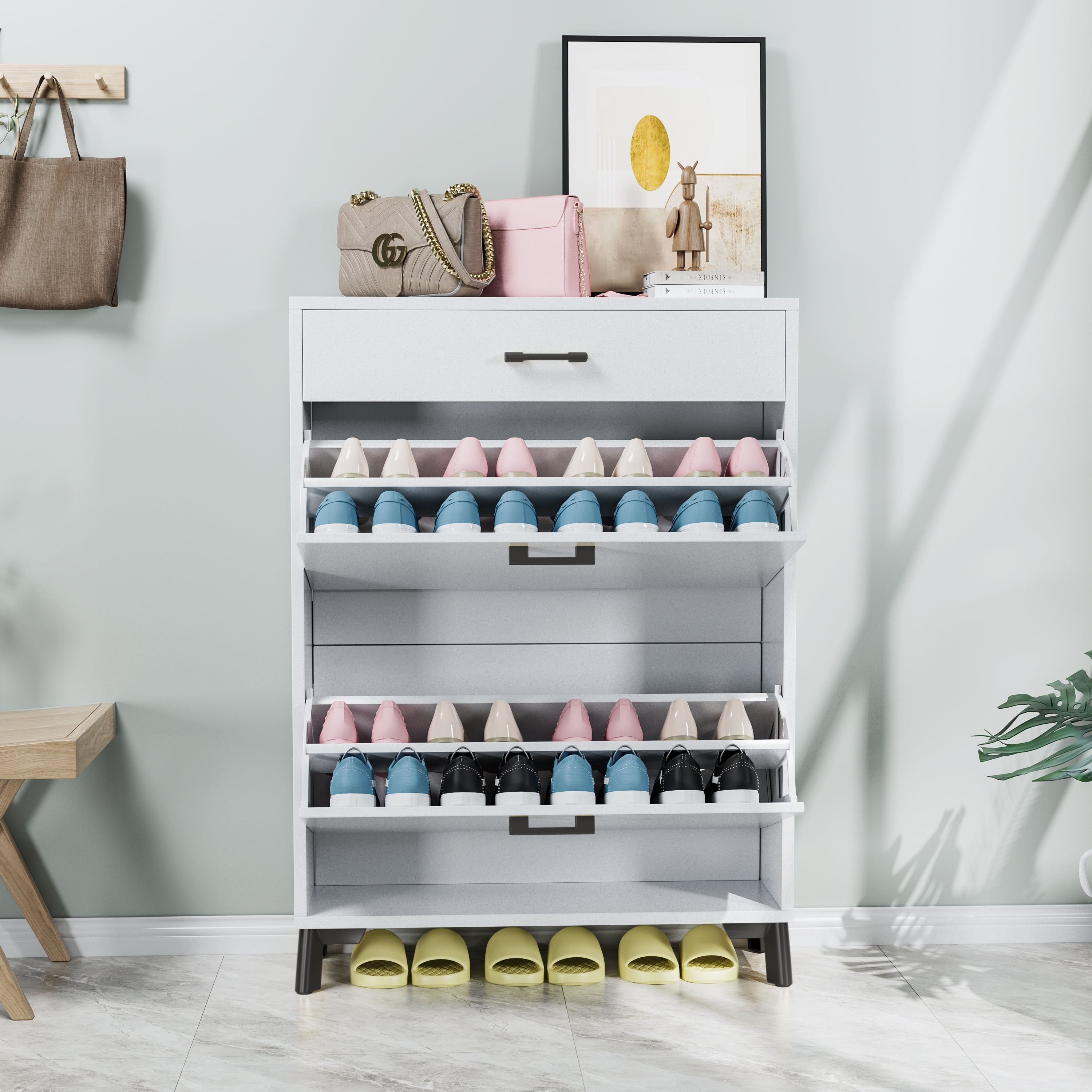 Qhou, Space Saving White Shoe Storage Cabinet with 2 Flip Drawers, Sturdy MDF & Metal Construction Space Saving, White - Easy to Assemble