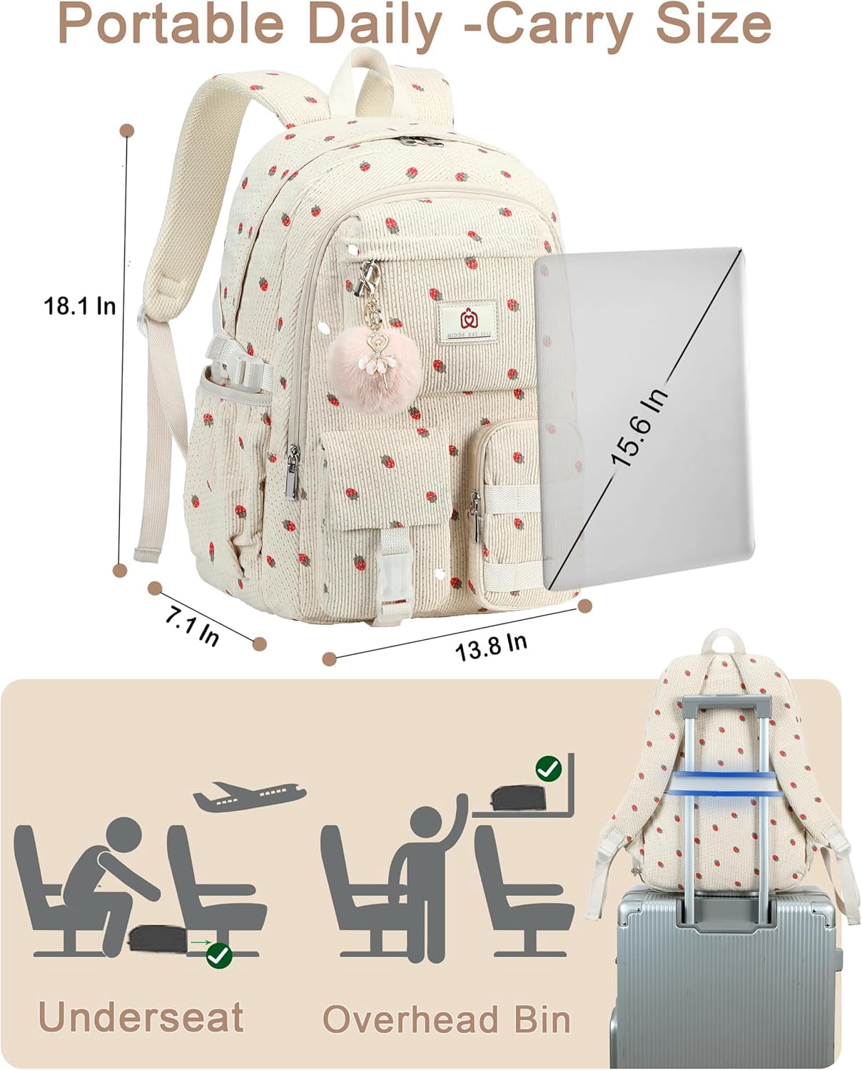 AO ALI VICTORY Women's 15.6 inch Laptop College Backpack Corduroy Work Bag Campus Bookbag Travel Backpack Women's（Beige Strawberries）