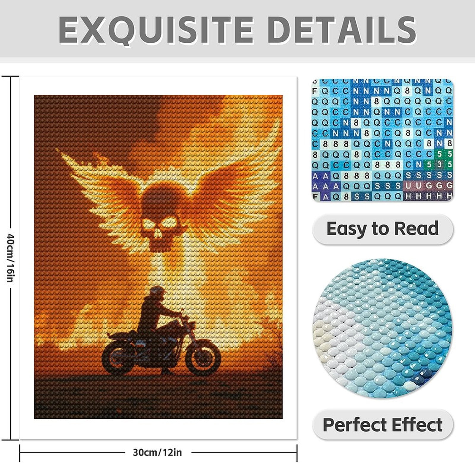 Diamond Art Kit for Adults, Flaming Motorcycle Skull Wings Diamond Painting for Adults Beginners, DIY Diamond Art Painting Kits, 5D Diamond Painting Crafts for Home Decor 12x16 Frameless