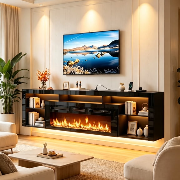 94.5" High Gloss Floating TV Stand with 50" Fireplace, Finish Wall Mounted Fireplace Entertainment Center with Storage for TVs Up to 100", Black