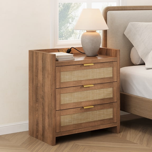 Nightstand, 3 storage drawers, with charging device, Bohemian style, rattan   wooden side table, luxurious and fashionable, suitable for bedrooms, living rooms, etc.