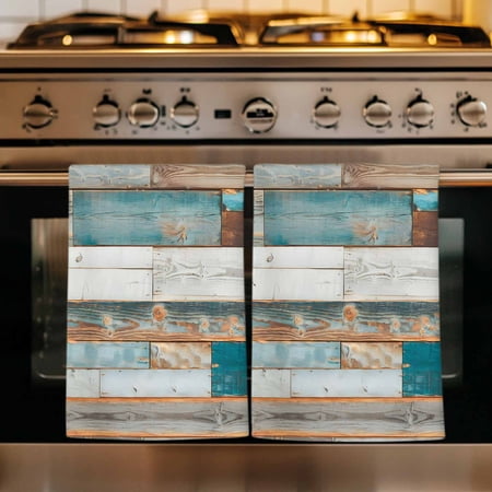 Turquoise Brown Kitchen Towels Set of 4 Vintage Country Ombre Wooden Grain Absorbent Dish Towels for Kitchen Microfiber Hand Towel Quick Drying Tea Towel for Cleaning Decorative Dishcloths